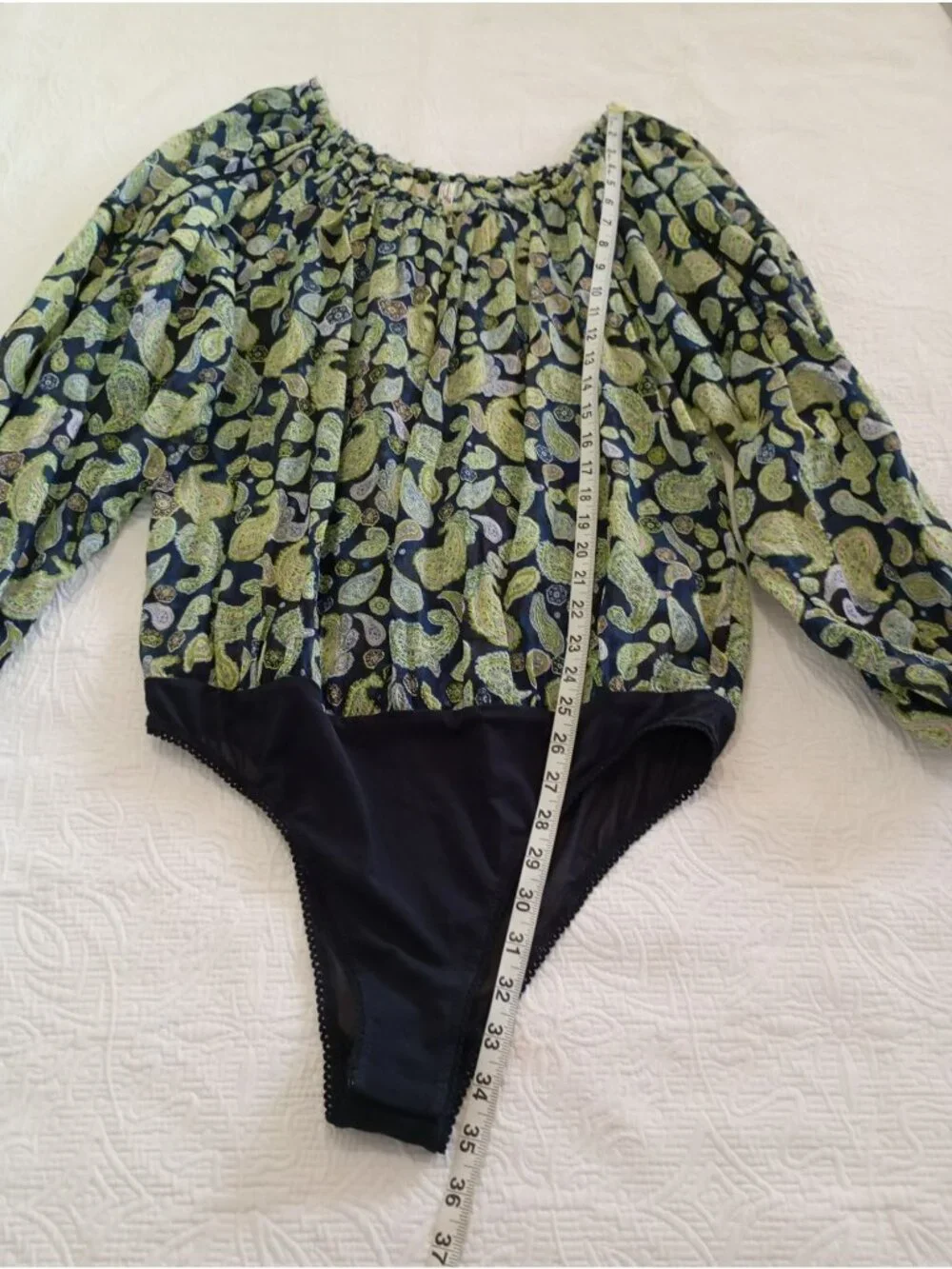 Free People Paisley Print Bodysuit Long Sleeves & Drawstring Cuffs XL Navy Green - Picture 11 of 13